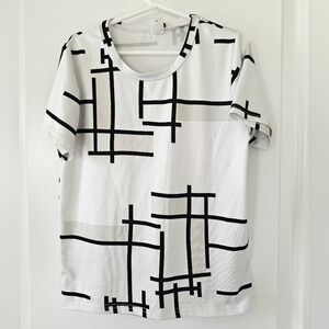 Kids sz7 Graphic T Shirt White Black Geometric Lines Short Sleeve‎ Tee Top